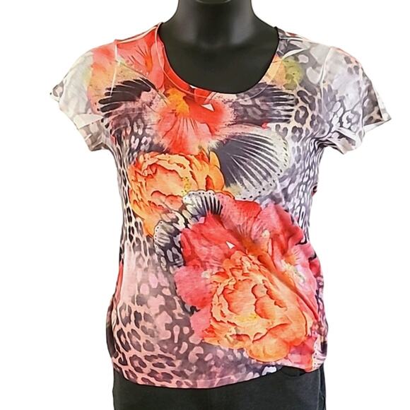Style & Co Women’s Petite Short Sleeve Floral Animal Print Tee Shirt -Size Large - Picture 2 of 6